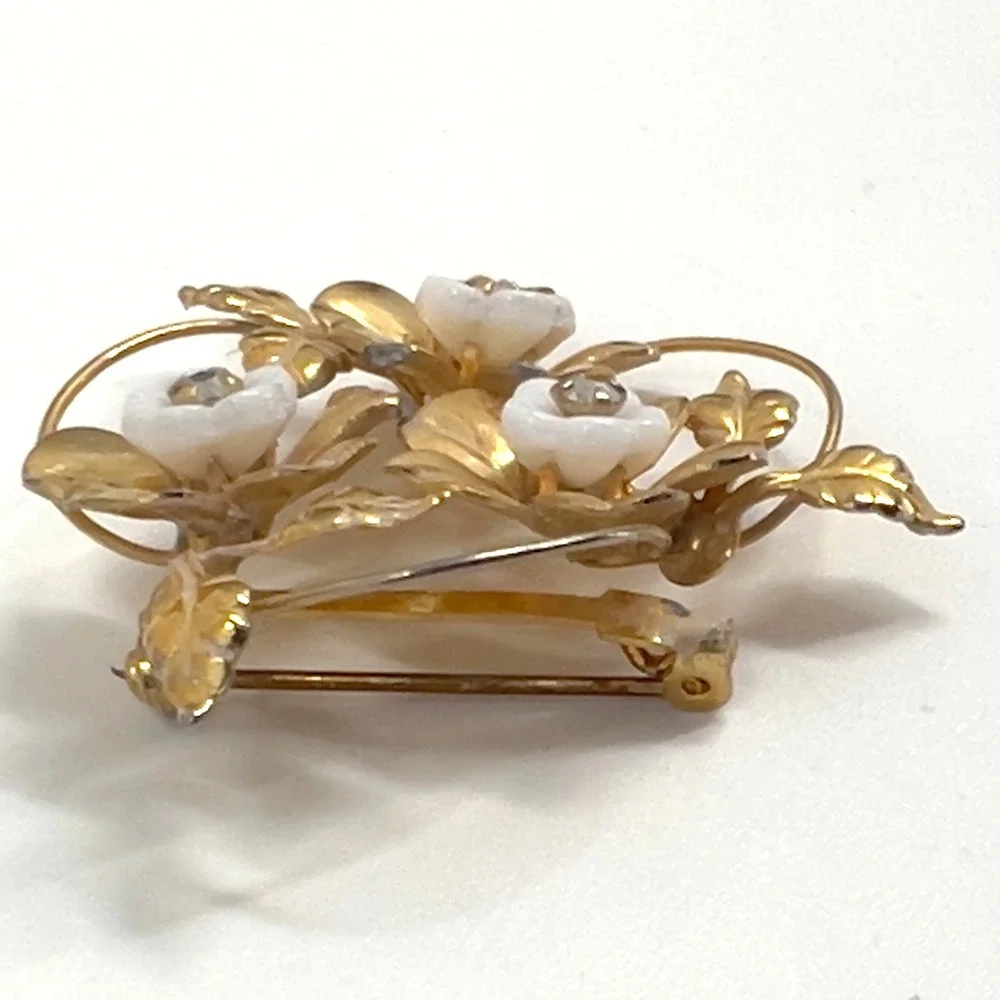 Vintage Made in Austria Gold Floral Brooch White Enamel Rhinestone Pin MCM